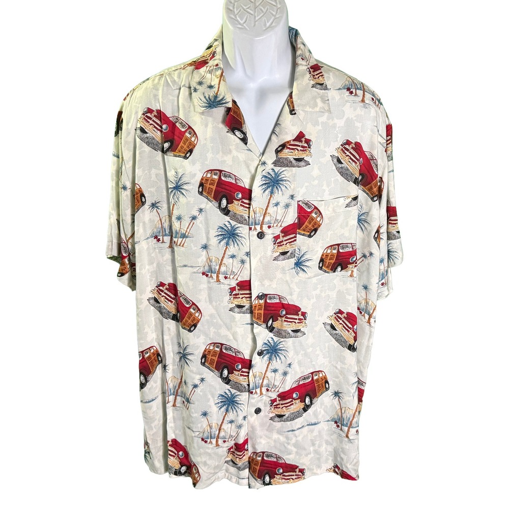 Pineapple Connection Button Up Shirt Mens L Cream Red Woody Car Palm Tree Rayon